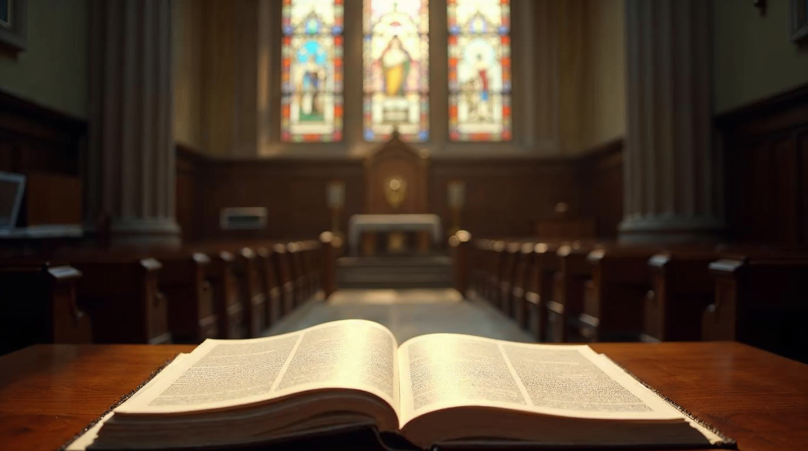 English church interior with formal documents on altar table, stained glass wind