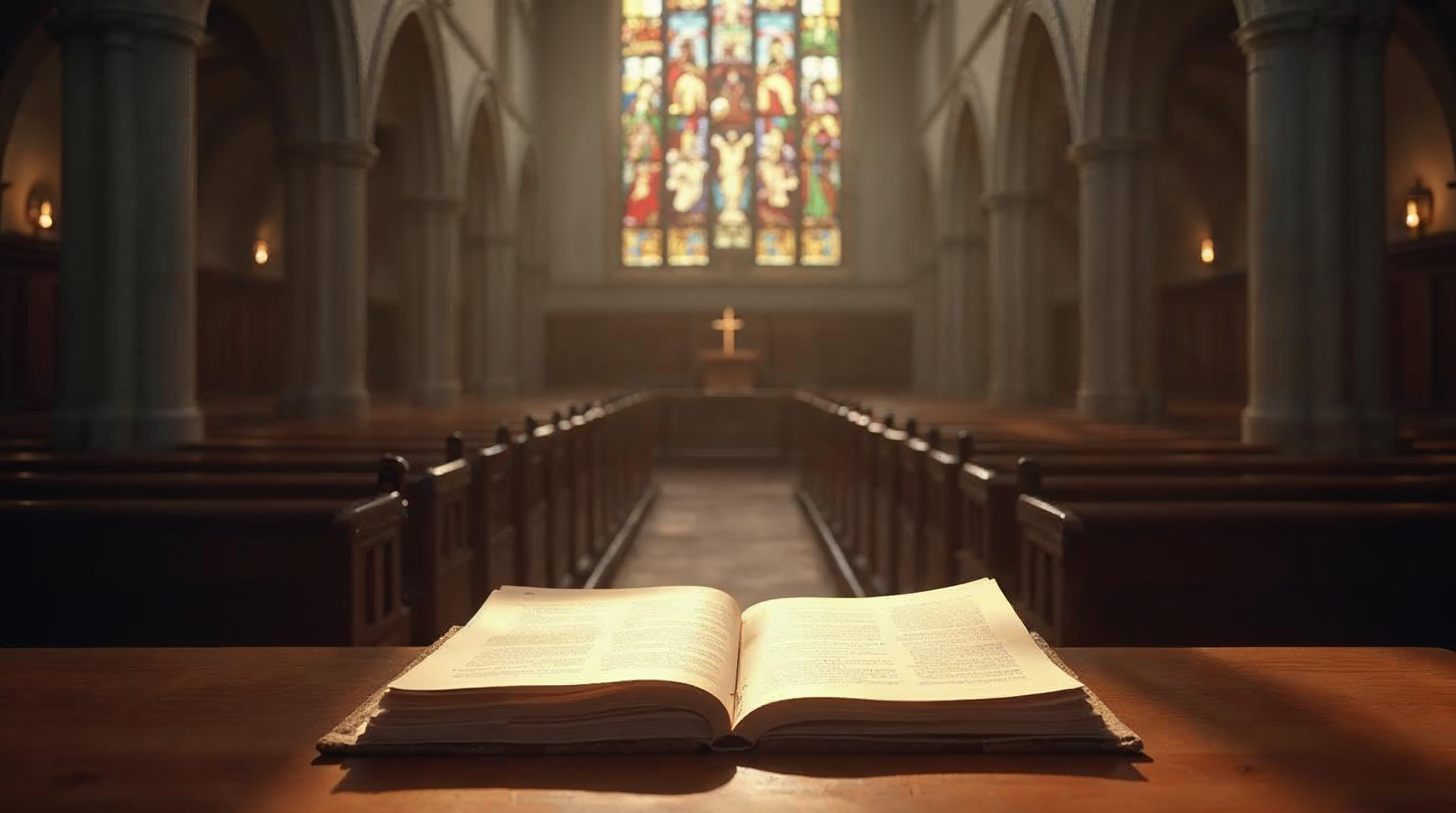English church interior with formal documents on altar table, stained glass wind