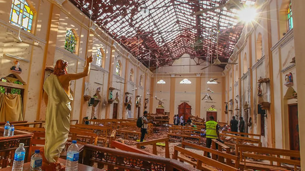 Aftermath of the 2019 Easter Sunday bombings at St Anthonys Shrine in Colombo Sri Lanka showing blast debris and emergency response